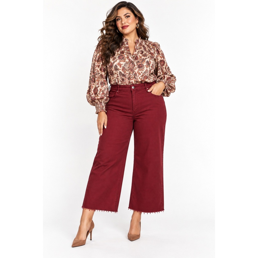 Kut from the Kloth Meg High Rise Wide Leg Raw Hem Cropped Jeans Red 18W NWT
